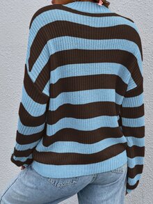 SoleilVie Women's Blue And Brown Drop Shoulder Long Sleeve Loose Casual Preppy Pullover Sweater School Brunch Autumn - Multicolor - View 3