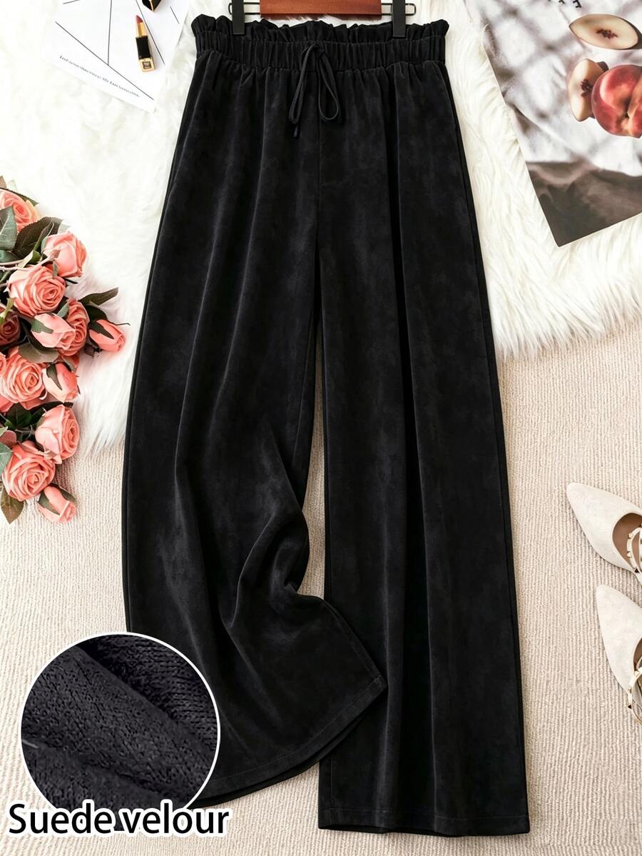 SHEIN LUNE CURVE بنطلون نسائي مقاس كبير منسوج بقصة عادية للخريف/الشتاء للتنقل اليومي كاجوال متعدد الألوان بساق واسعة - الأسود - مشاهدة 1