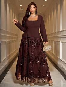 Reflora Plus Size Elegant Party Sequin Patchwork Dress - Brown - View 3