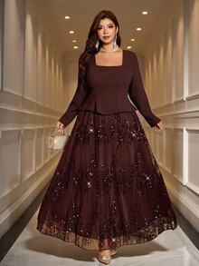 Reflora Plus Size Elegant Party Sequin Patchwork Dress - Brown - View 6