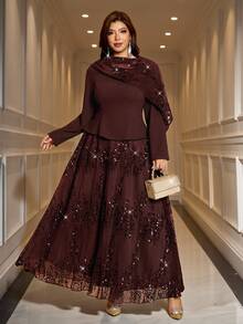 Reflora Plus Size Elegant Party Sequin Patchwork Dress - Brown - View 7