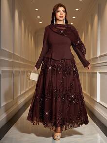 Reflora Plus Size Elegant Party Sequin Patchwork Dress - Brown - View 4