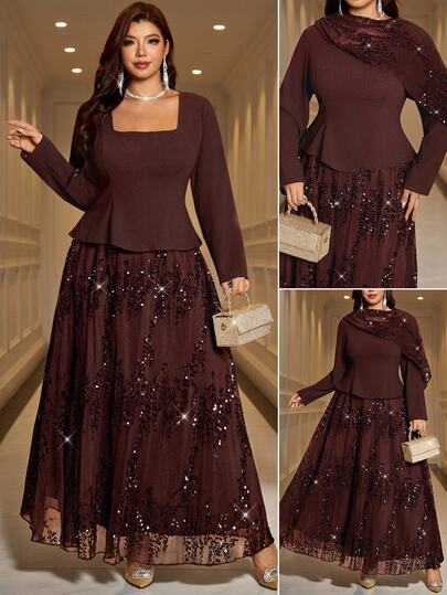 Reflora Plus Size Elegant Party Sequin Patchwork Dress