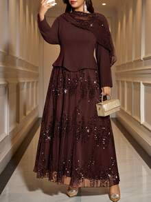 Reflora Plus Size Elegant Party Sequin Patchwork Dress - Brown - View 5