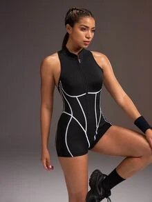 Powerista Sporty Jumpsuit With Contrast Zipper And Small Stand Collar, Yoga Running Workout Pilates Casual Daily Wear, All Season - Black - View 7