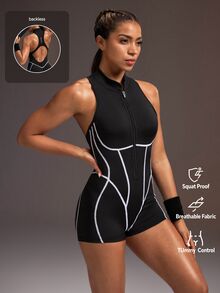 Powerista Sporty Jumpsuit With Contrast Zipper And Small Stand Collar, Yoga Running Workout Pilates Casual Daily Wear, All Season - Black - View 2