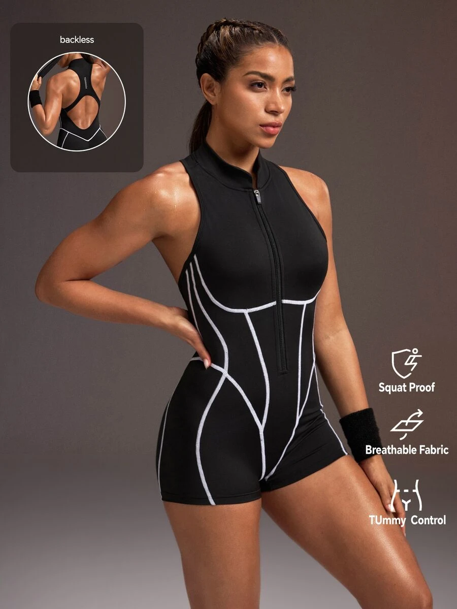 Powerista Sporty Jumpsuit With Contrast Zipper And Small Stand Collar, Yoga Running Workout Pilates Casual Daily Wear, All Season