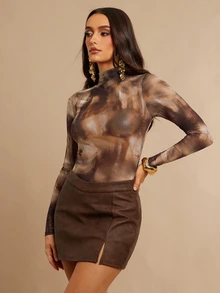 Silquee Dark Brown Seductive Long-Sleeved Sheer Mesh Bodysuit,Brown Gradient Tie-Dye Print High-Neck Slim Fit Top For Winter,Date,Night Out & Parties - Multicolor - View 5