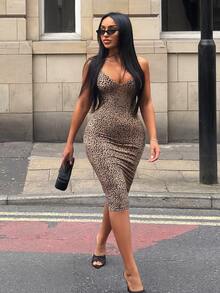SHEIN SXY Women's Leopard Print Sexy Date Club Party Spaghetti Strap Dress Brown Summer - Multicolor - View 6