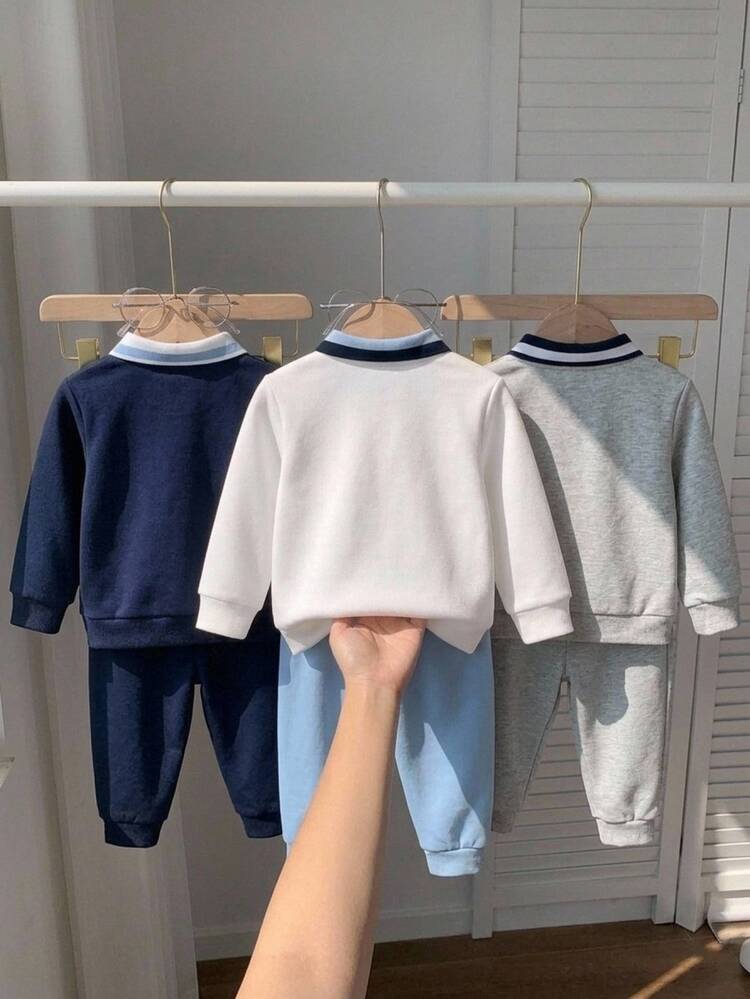 Áo nỉ dài tay cổ polo cho bé trai phong cách học đường casual dễ thương, màu xanh trắng, đa năng, phù hợp mùa thu/đông cho trẻ mầm non - trắng - Xem 4