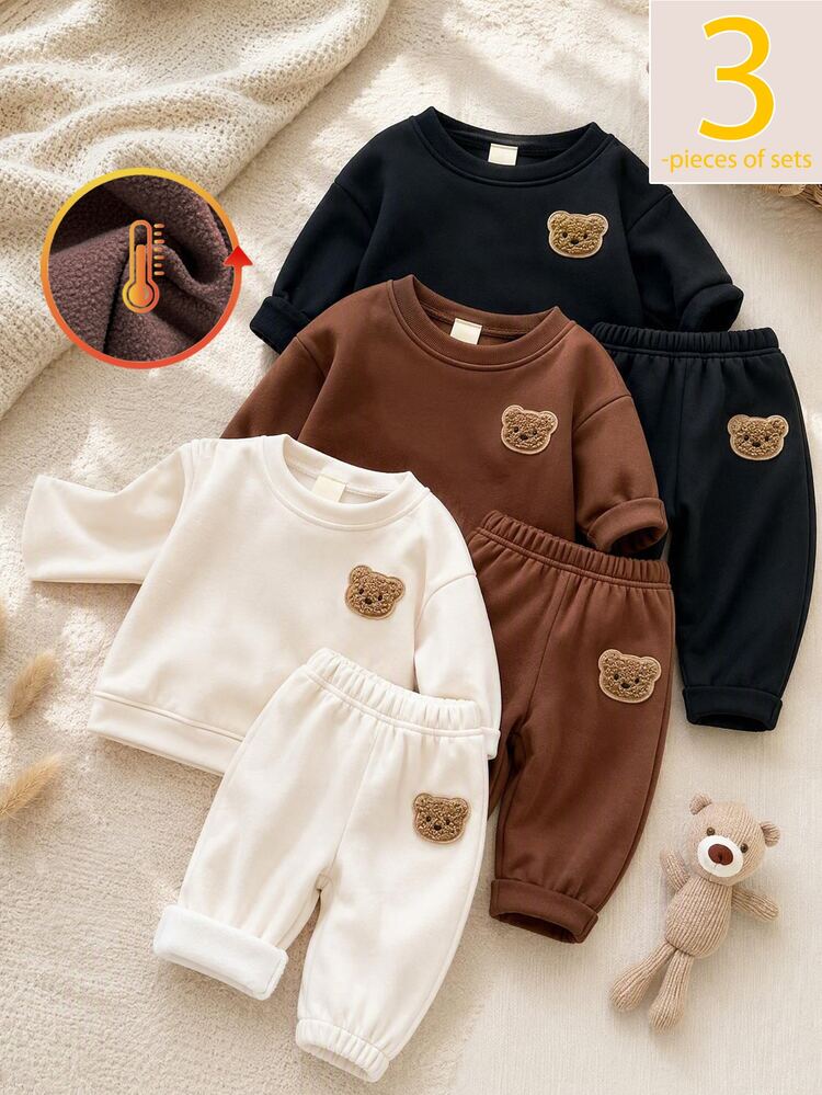 SHEIN 3 قطع ملابس أطفال أولاد صغار سويتشيرت وبنطلون لطيف أبيض بني أسود مع رقعة دب مبطن بالصوف أكمام طويلة رقبة دائرية سميك للحفلات الشتاء الخريف العطلات - متعدد الألوان - مشاهدة 1