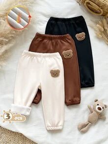 SHEIN 3件組男嬰幼兒運動衫長褲套裝，可愛白色棕色黑色熊貼布，抓絨內裡，長袖圓領加厚，適合冬季秋季派對與假期 - 彩色 - 查看 5