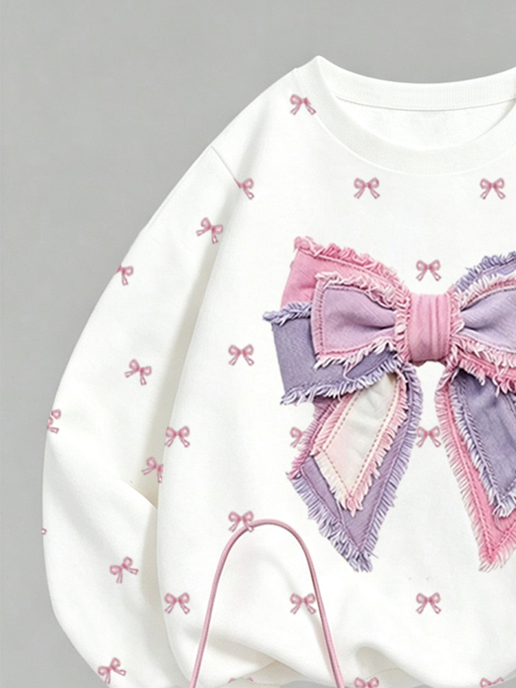 Young Girls Fall Bow Print Crew Neck Sweatshirt & Flare Pants Set, Cozy Autumn Outfit - Multicolor - View 6