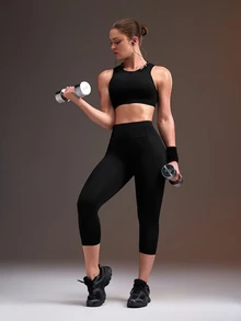 Powerista Women's Casual Athletic Low Rise Solid Color Slim Fit Sports Leggings 2pcs/Pack Black And White Cropped Trousers Gym Pilates Running Outdoor Summer - Black and White - View 7