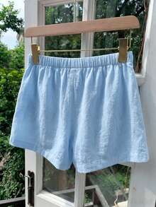 SHEIN Tween Girls Vacation Minimalist Baggy Textured Drawstring Waist Casual Pure Cotton Shorts, Summer, Outfit School Sports Light Blue - Baby Blue - View 2