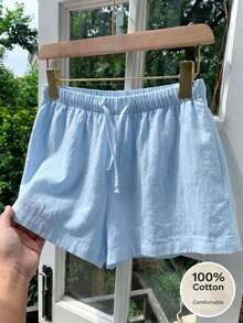SHEIN Tween Girls Vacation Minimalist Baggy Textured Drawstring Waist Casual Pure Cotton Shorts, Summer, Outfit School Sports Light Blue - Baby Blue - View 6