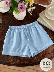 SHEIN Tween Girls Vacation Minimalist Baggy Textured Drawstring Waist Casual Pure Cotton Shorts, Summer, Outfit School Sports Light Blue - Baby Blue - View 4