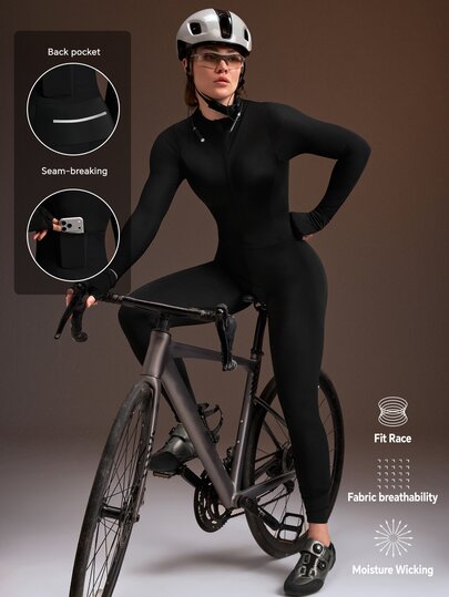 Powerista Women's Solid Color Slim Fit One-Piece Cycling Suit Black Long-Sleeve, Full-Length Cycling Jumpsuit - Quick-Drying And Breathable Minimalist Autumn