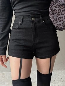 FRIFUL Women's Sexy Button Pocket Denim Shorts - Black - View 3