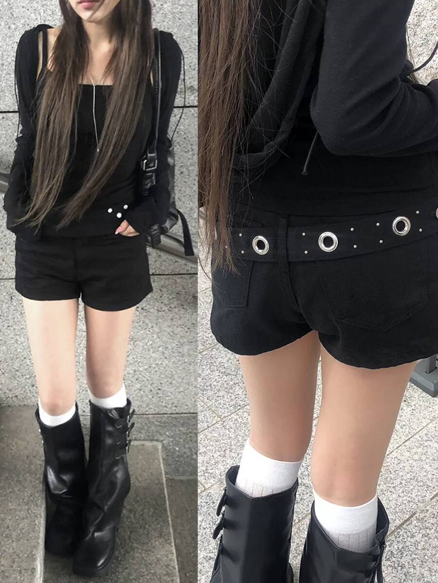 FRIFUL Women's Sexy Button Pocket Denim Shorts - Black - View 1