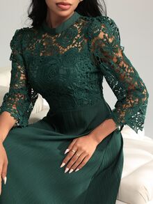 Modelyn Yellow Eyelet Embroidery Patchwork Maxi Long Sleeve Fall Lace Dress For Women - Dark Green - View 4