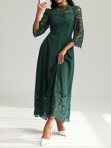 Modelyn Yellow Eyelet Embroidery Patchwork Maxi Long Sleeve Fall Lace Dress For Women - Dark Green - View 8
