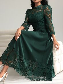 Modelyn Yellow Eyelet Embroidery Patchwork Maxi Long Sleeve Fall Lace Dress For Women - Dark Green - View 2