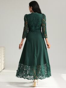 Modelyn Yellow Eyelet Embroidery Patchwork Maxi Long Sleeve Fall Lace Dress For Women - Dark Green - View 5