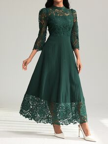 Modelyn Yellow Eyelet Embroidery Patchwork Maxi Long Sleeve Fall Lace Dress For Women - Dark Green - View 7