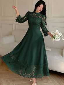 Modelyn Yellow Eyelet Embroidery Patchwork Maxi Long Sleeve Fall Lace Dress For Women - Dark Green - View 1