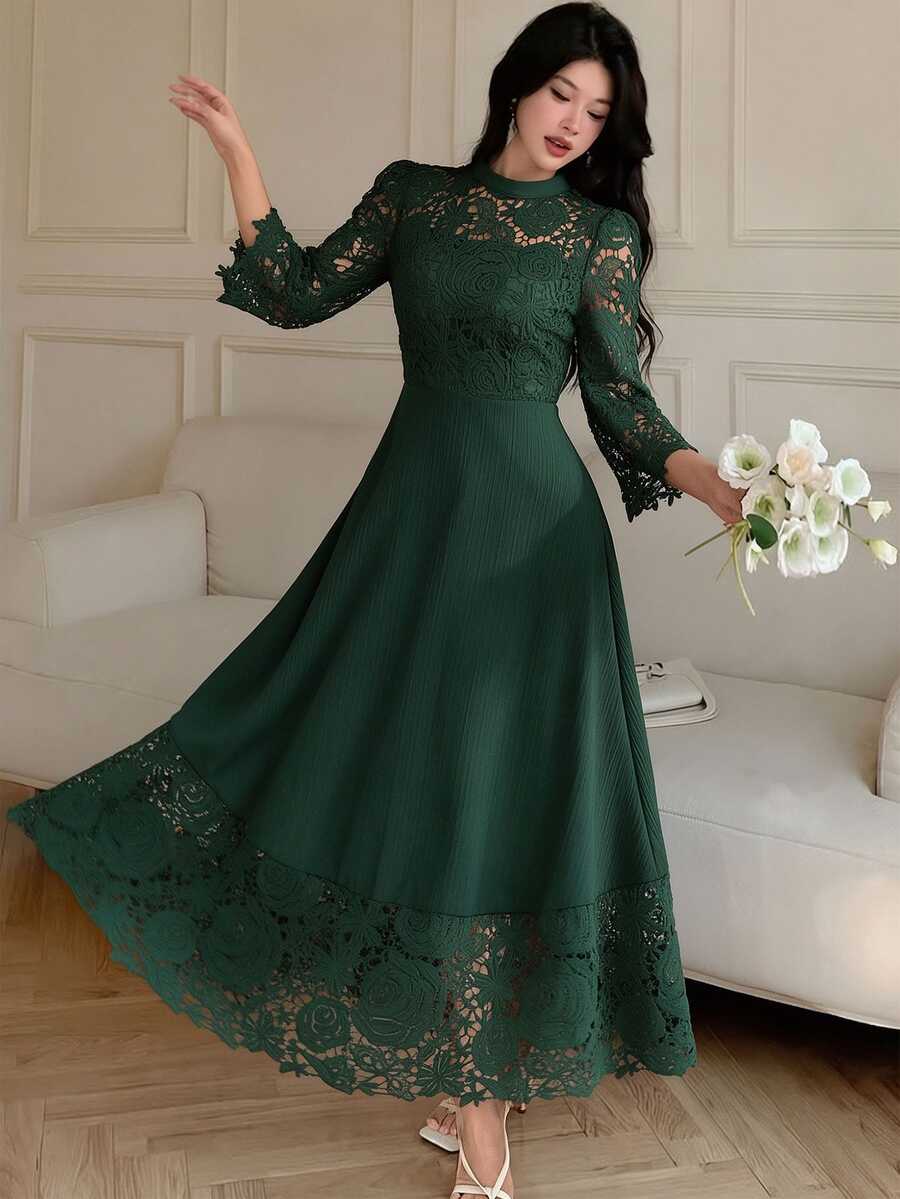 Modelyn Yellow Eyelet Embroidery Patchwork Maxi Long Sleeve Fall Lace Dress For Women - Dark Green - View 1