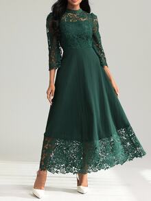 Modelyn Yellow Eyelet Embroidery Patchwork Maxi Long Sleeve Fall Lace Dress For Women - Dark Green - View 6