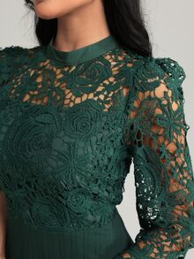 Modelyn Yellow Eyelet Embroidery Patchwork Maxi Long Sleeve Fall Lace Dress For Women - Dark Green - View 9