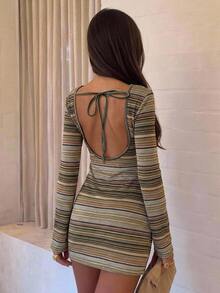 Aloruh Women's Autumn/Winter Casual Knitted Multi-Color Striped Backless Mini Dress - Multicolor - View 9