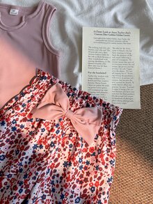 SHEIN 女童夏季紫色白色休閒街頭風羅紋數位印花無袖圓領背心 + 花卉鬆緊腰短褲套裝（附腰帶） - 彩色 - 查看 6