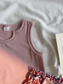 SHEIN 女童夏季紫色白色休閒街頭風羅紋數位印花無袖圓領背心 + 花卉鬆緊腰短褲套裝（附腰帶） - 彩色 - 查看 5