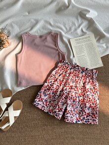 SHEIN 女童夏季紫色白色休閒街頭風羅紋數位印花無袖圓領背心 + 花卉鬆緊腰短褲套裝（附腰帶） - 彩色 - 查看 2