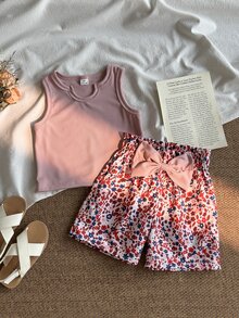 SHEIN 女童夏季紫色白色休閒街頭風羅紋數位印花無袖圓領背心 + 花卉鬆緊腰短褲套裝（附腰帶） - 彩色 - 查看 3