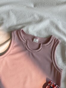 SHEIN 女童夏季紫色白色休閒街頭風羅紋數位印花無袖圓領背心 + 花卉鬆緊腰短褲套裝（附腰帶） - 彩色 - 查看 4