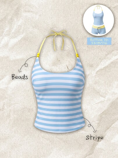 SHEIN Swim Women's Spring/Summer Random Print Spaghetti Strap Tank Top Bikini Top