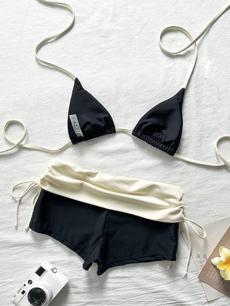 SHEIN Swim Halter Triangle Bikini Set With High-Waist Shorts, Summer Hot Spring Vacation Swimwear, Suitable For Beach Party Black Sexy Casual Modest - Black - View 2
