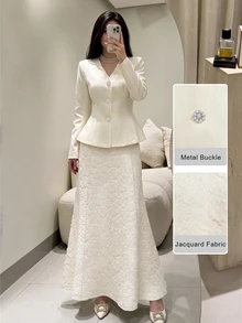 Modelyn Women's Elegant Long Sleeve Blazer And Textured Fitted Skirt Set, 2 Pieces Outfit, Suitable For Daily Wear, Commuting, Office, Dating - Apricot - View 5