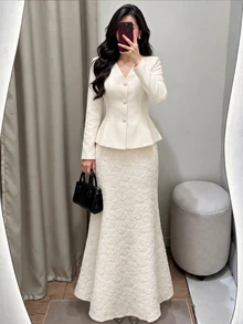 Modelyn Women's Elegant Long Sleeve Blazer And Textured Fitted Skirt Set, 2 Pieces Outfit, Suitable For Daily Wear, Commuting, Office, Dating - Apricot - View 4