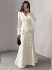 Modelyn Women's Elegant Long Sleeve Blazer And Textured Fitted Skirt Set, 2 Pieces Outfit, Suitable For Daily Wear, Commuting, Office, Dating - Apricot - View 6