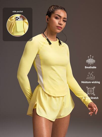 Powerista Women's Colorblock Long Sleeve Top And Shorts Casual Daily Sports Set Yellow Running, Exercise, And Fitness Long-Sleeved And Shorts Workout Set