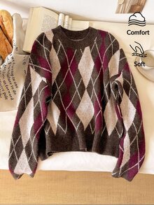 Story & Sage Women's Diamond Pattern Round Neck Long Sleeve Casual Vintage Preppy Versatile Sweater Everyday School Brown Fall - Multicolor - View 1