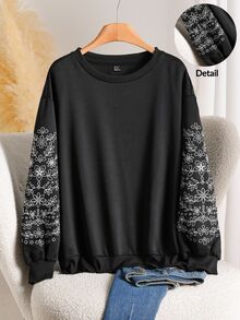 Story & Sage Casual Home & Vacation Women's Loose Embroidered Crew Neck Sweatshirt, Black, Autumn/Winter - Black - View 1