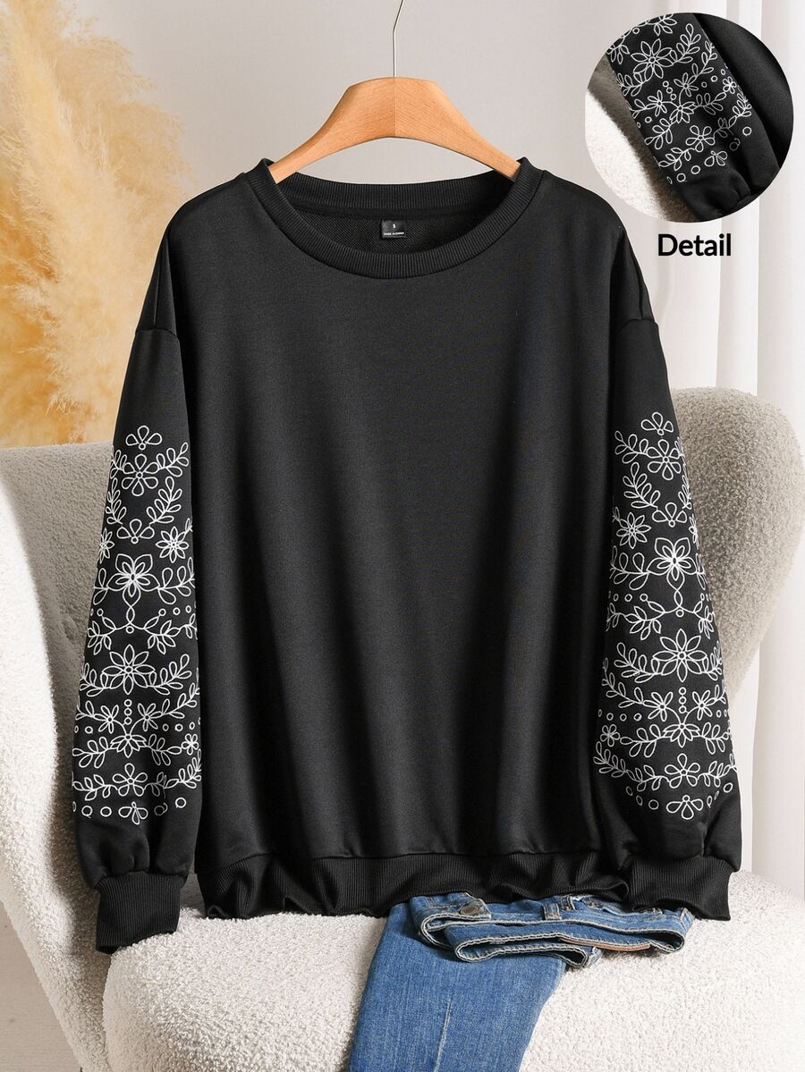 Story & Sage Casual Home & Vacation Women's Loose Embroidered Crew Neck Sweatshirt, Black, Autumn/Winter - Black - View 1