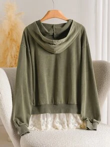 Story & Sage Casual Home Vacation Women's Sweatshirt Summer Autumn Loose Fit Army Green Sweatshirt Lace Patchwork Sweatshirt Washed Snowflake Effect Sweatshirt Pocket Sweatshirt Hooded Sweatshirt Long Sleeve Sweatshirt - Army Green - View 2