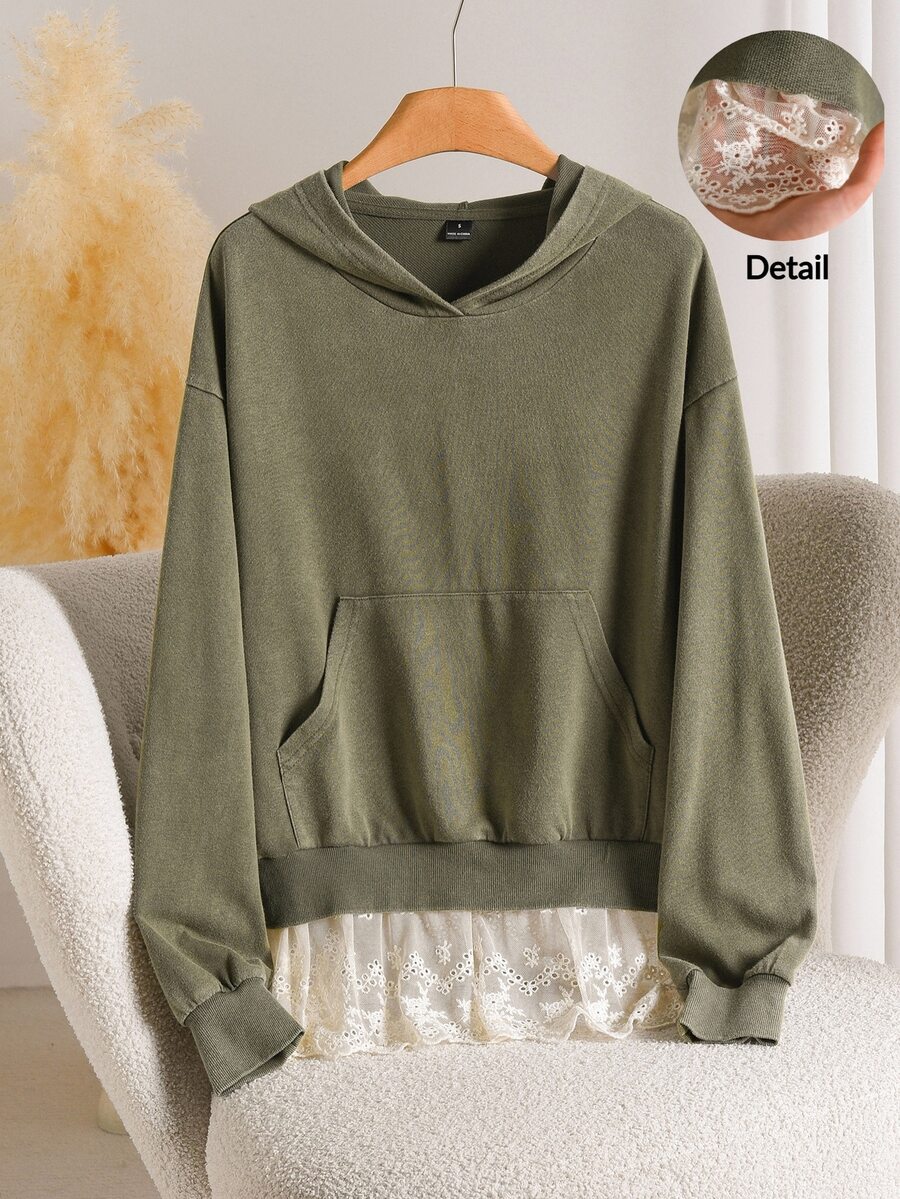 Story & Sage Casual Home Vacation Women's Sweatshirt Summer Autumn Loose Fit Army Green Sweatshirt Lace Patchwork Sweatshirt Washed Snowflake Effect Sweatshirt Pocket Sweatshirt Hooded Sweatshirt Long Sleeve Sweatshirt - Army Green - View 1